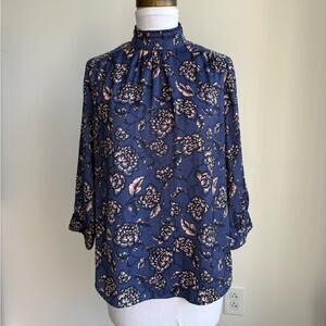 BANANA REPUBLIC BLUE SILKY MANDARIN COLLAR BLOUSE FLORAL 3/4 SLEEVE XS